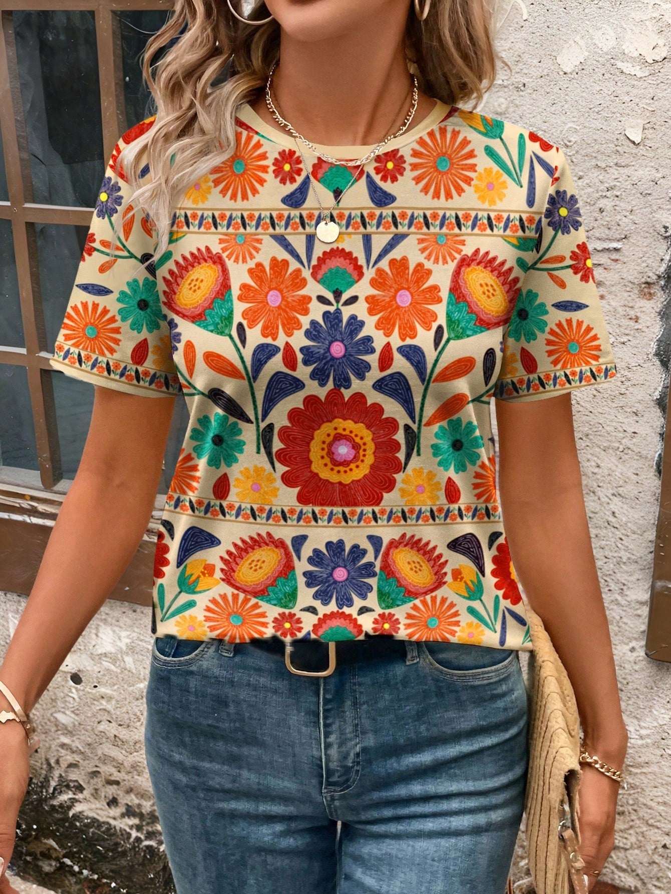 Casual Simplistic Floral Round Neck Loose Fit Women T-Shirt