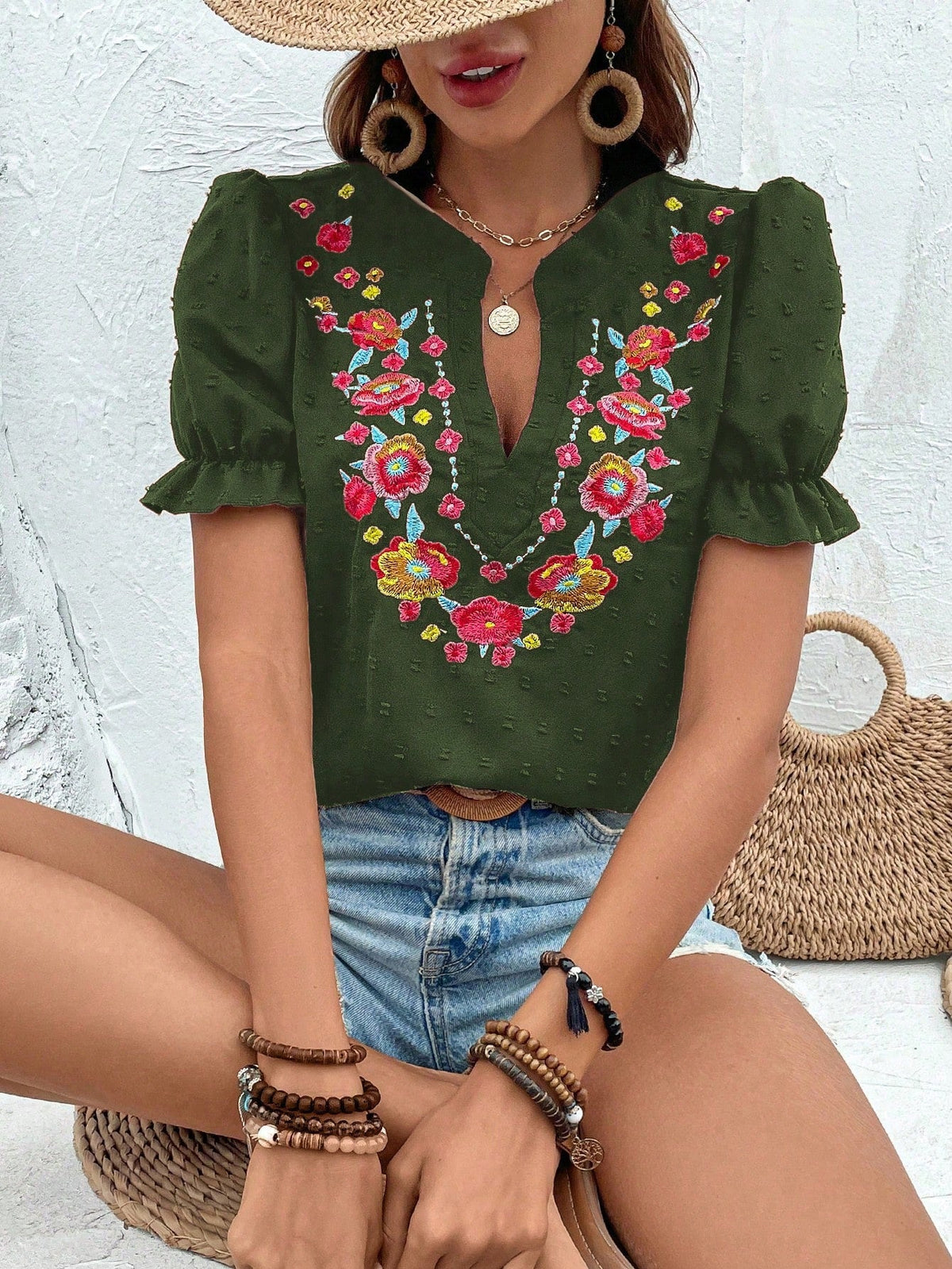 Breezaya Vacation Casual Floral Embroidery Puff Sleeve Shirt