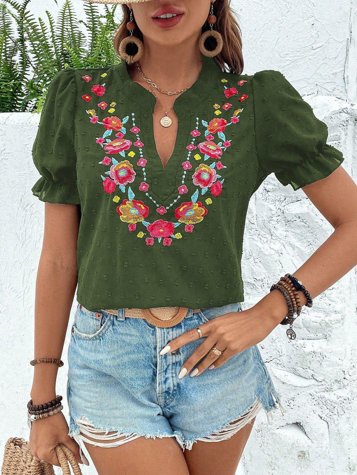 Breezaya Vacation Casual Floral Embroidery Puff Sleeve Shirt