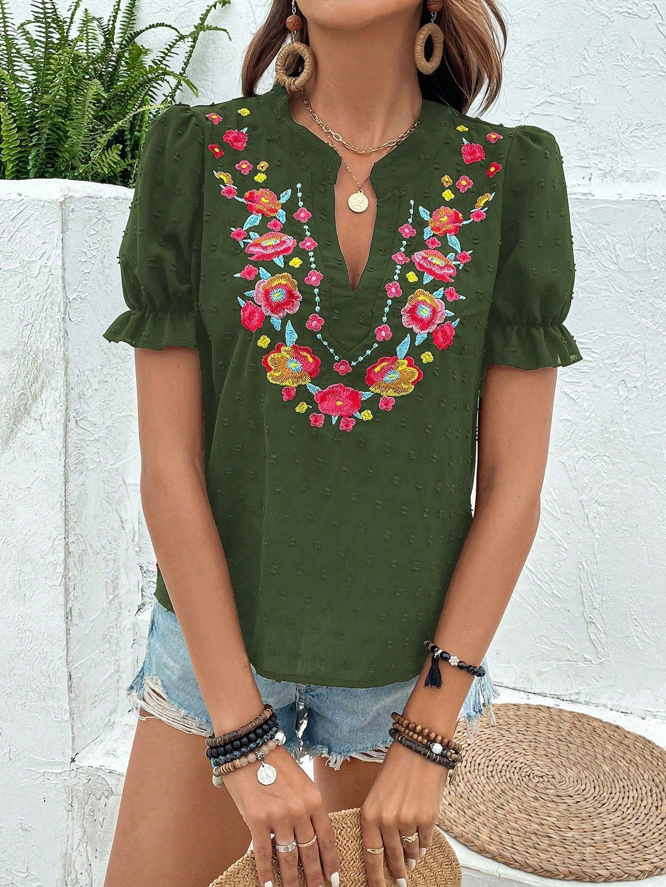 Breezaya Vacation Casual Floral Embroidery Puff Sleeve Shirt