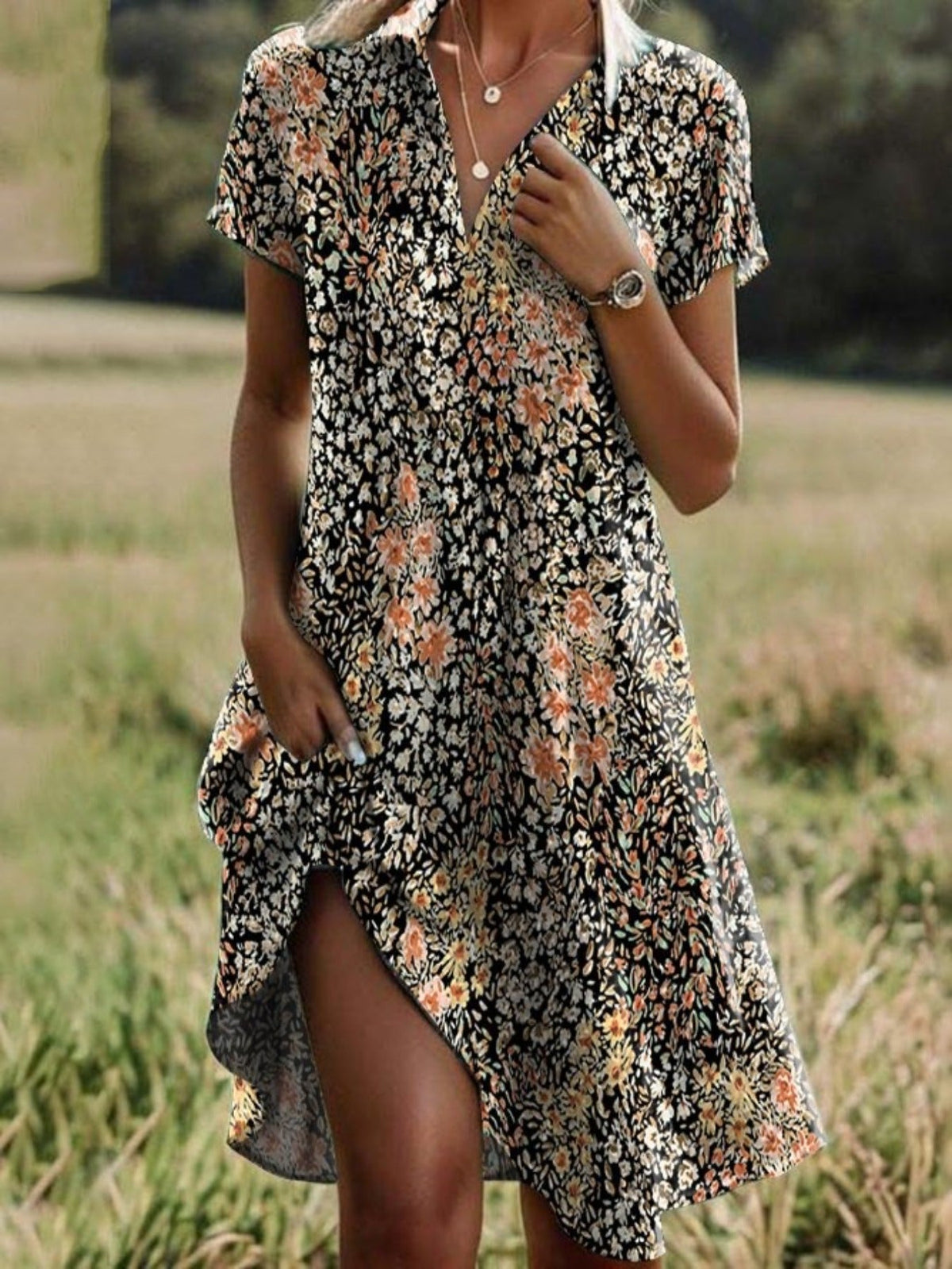 Women's Short Sleeve Floral Shirt Collar Daily Going Out Casual Midi Dress