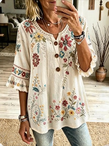 V Neck Button Short Ruffle Sleeve Casual Blouse