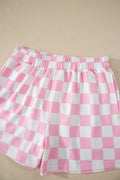 Pink Checkered Print Color Block Trim Mock Neck Short Set