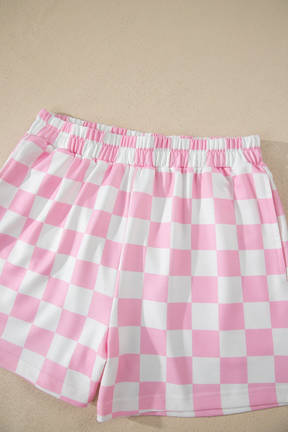 Pink Checkered Print Color Block Trim Mock Neck Short Set