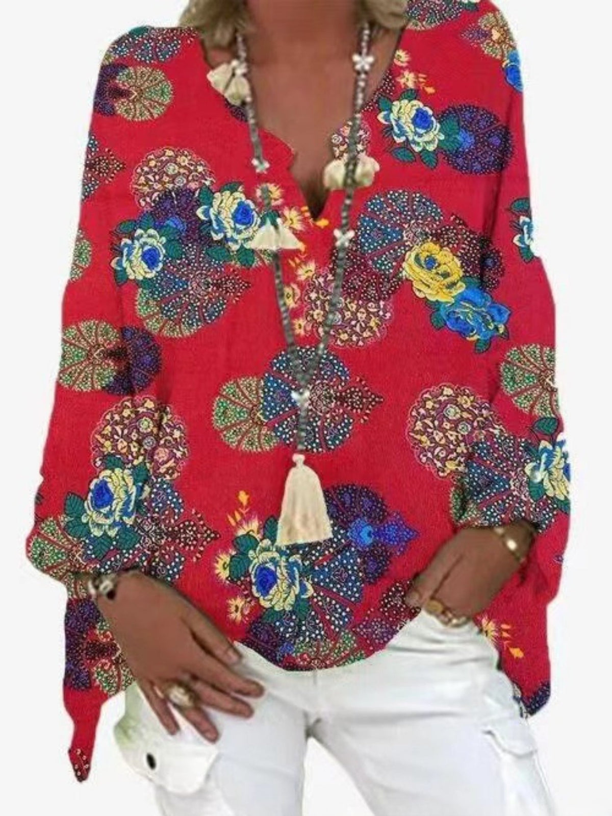 Women's Tile Print Long Sleeve Notched Neck Loose Fit T-shirt