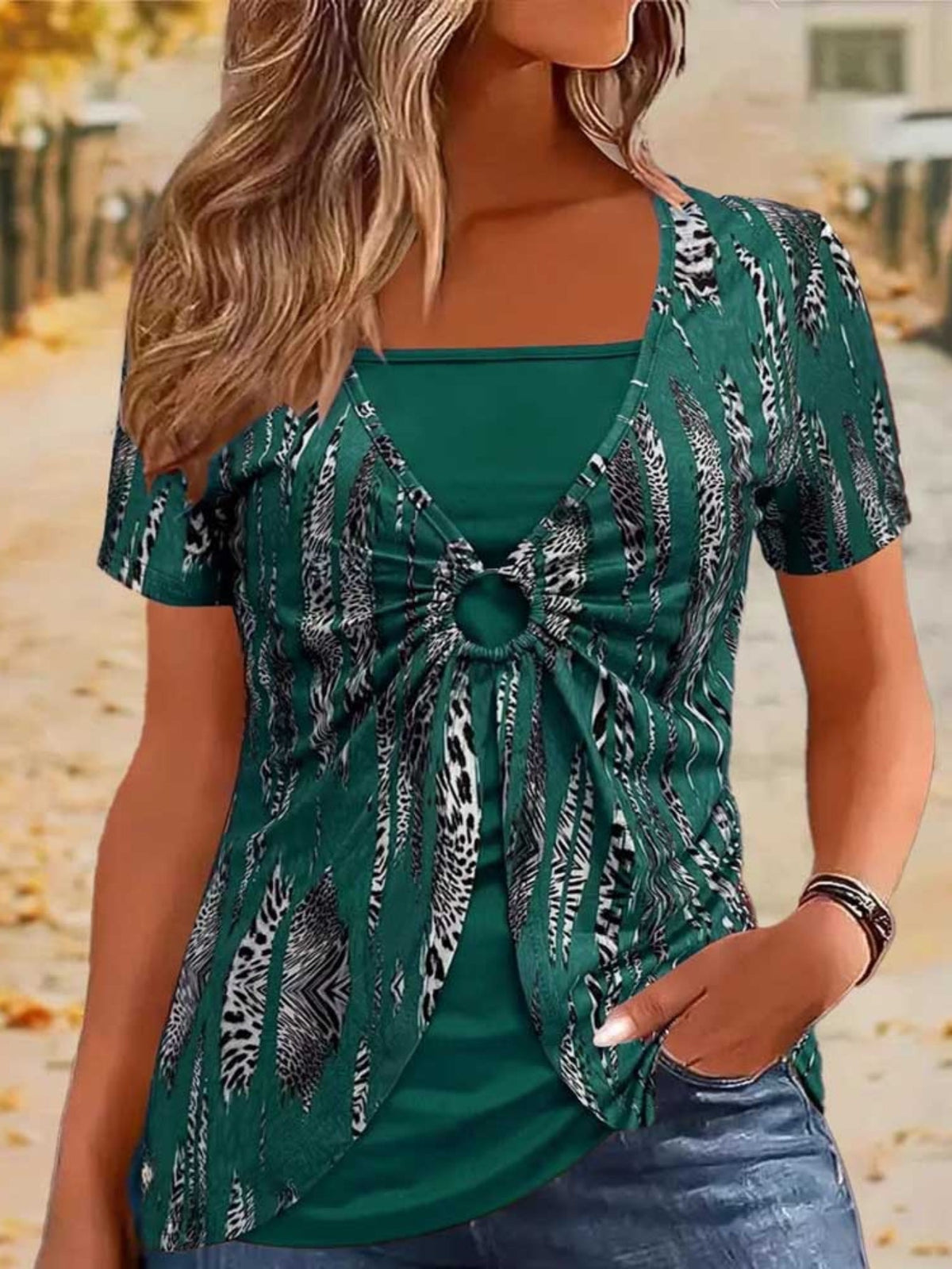 Maroon & Black Stretchy Polyester Blend Print Square Neck Short Sleeve T-Shirt