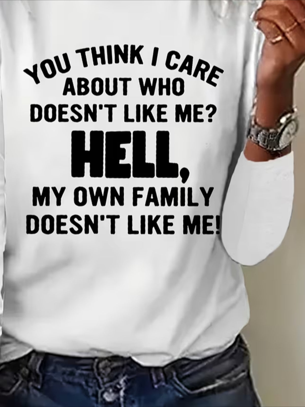 Hell Text Cotton-Blend Crew Neck Casual Long Sleeve Shirt