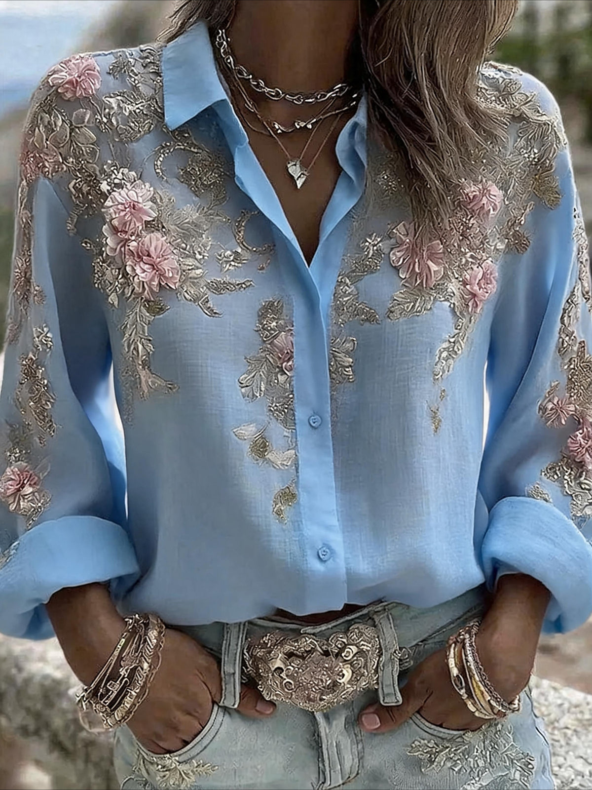 Flower Prints Stand Collar Casual Long Sleeve Blouse