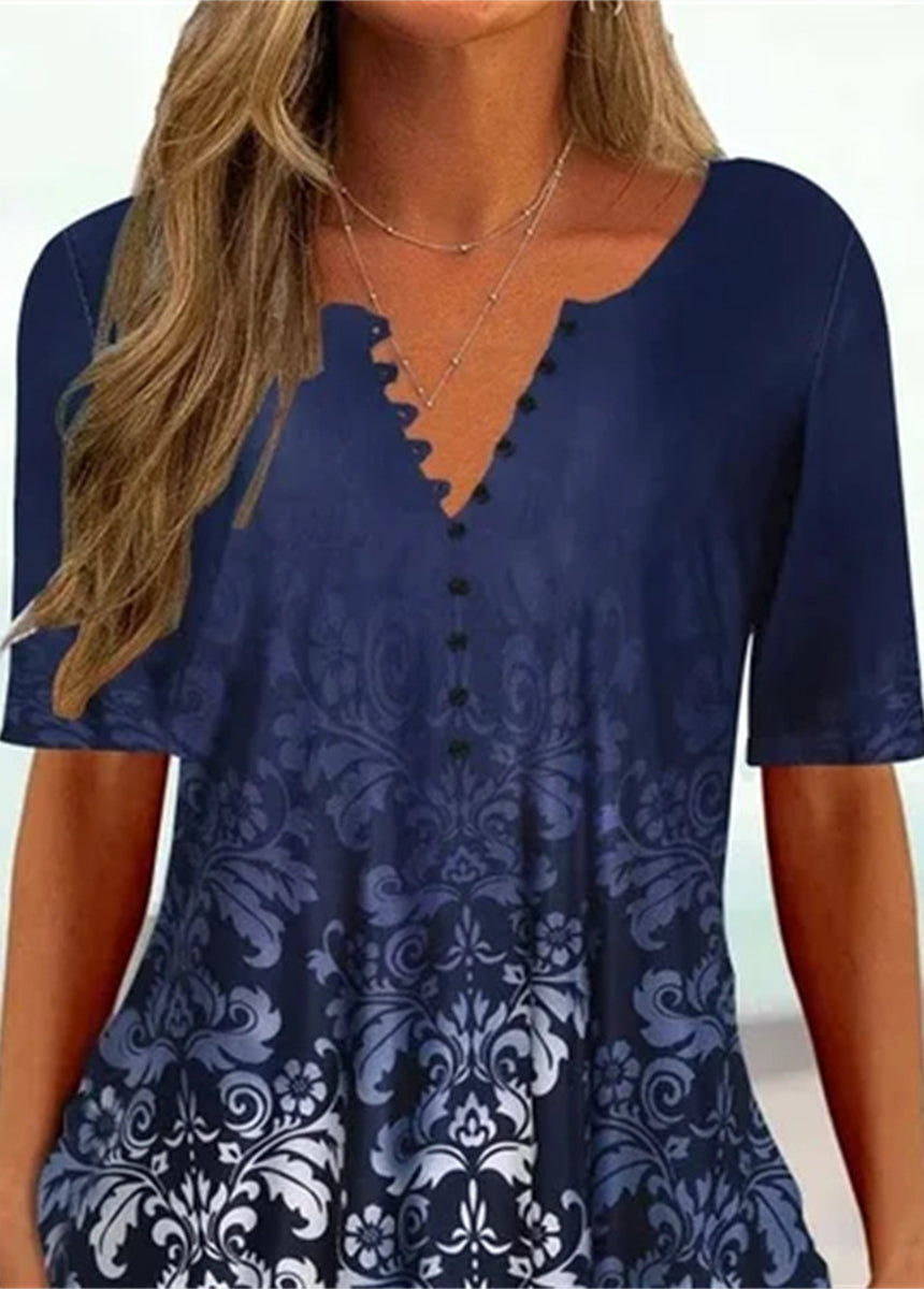 V-neck Button Printed Short-sleeved T-shirt