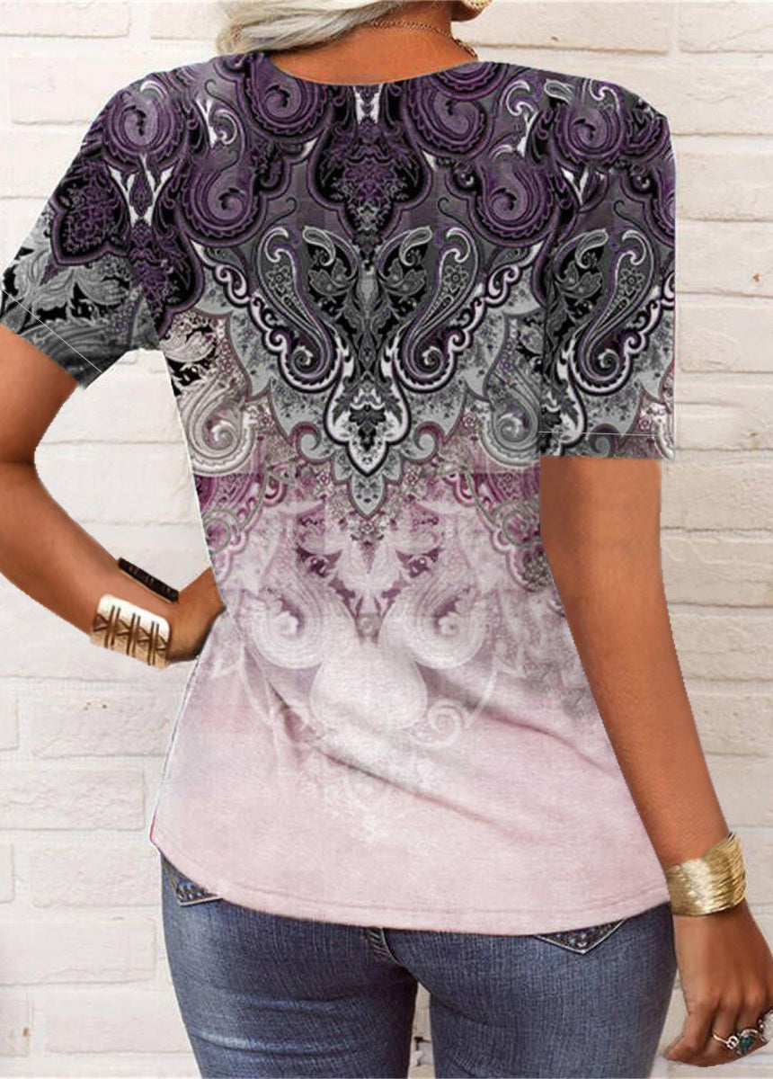 Printed Ethnic Style V-neck Short Sleeve T-shirt