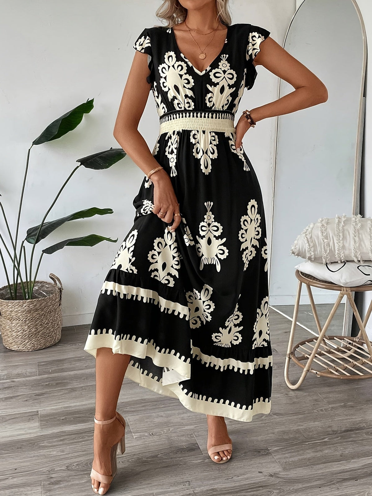 Women's Navy Blue Floral Print V-Neck A-Line Dress with Ruffled Cap Sleeves