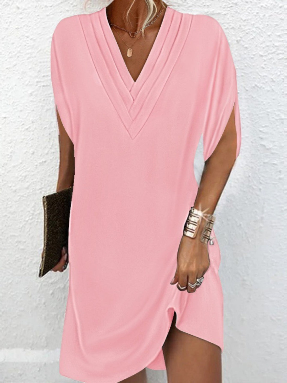 Tucked Solid Dress, Casual V Neck Short Sleeve Dress