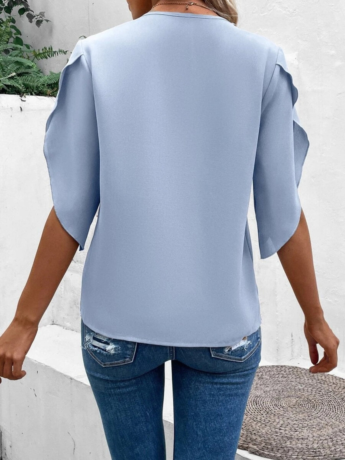 Solid Floral Lace Stitching V-neck Blouse, Vintage Petal Sleeve Blouse