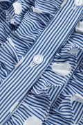 Sky Blue Stripe Contrast Polka Dot Print Pleated Ruffle Sleeve Shirt