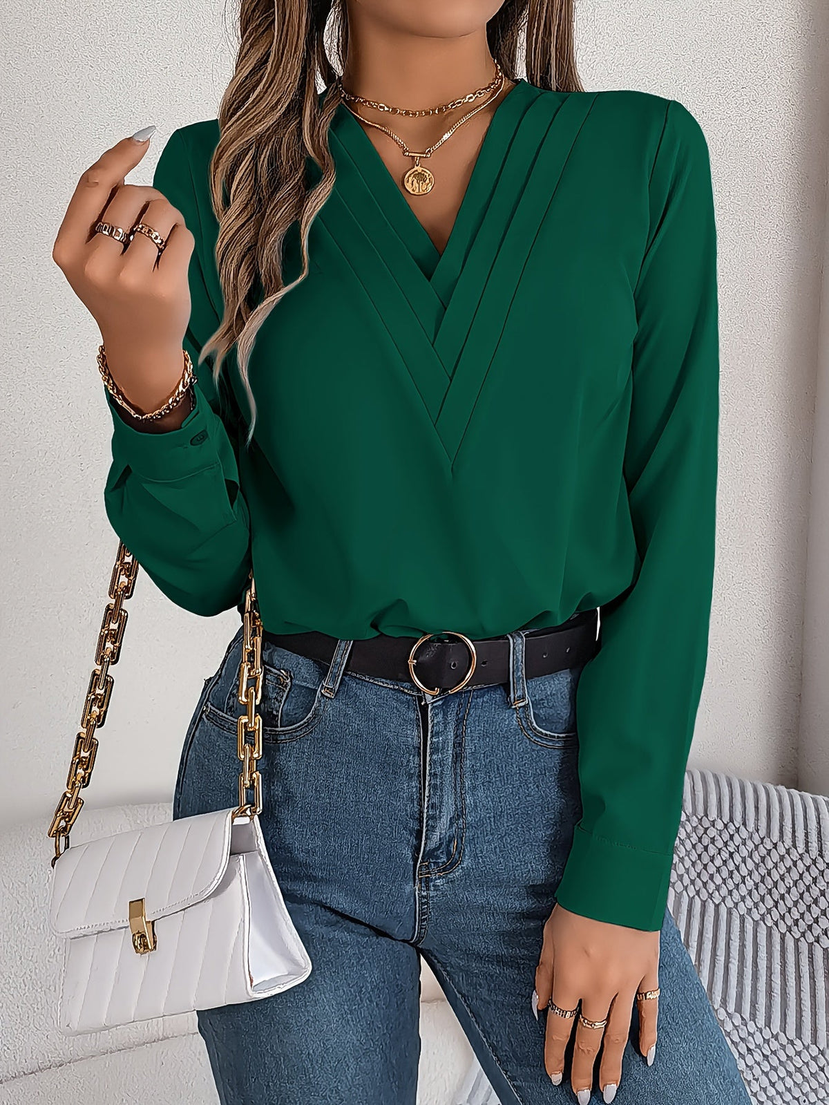 Solid Color V Neck Blouse, Elegant Long Sleeve Blouse