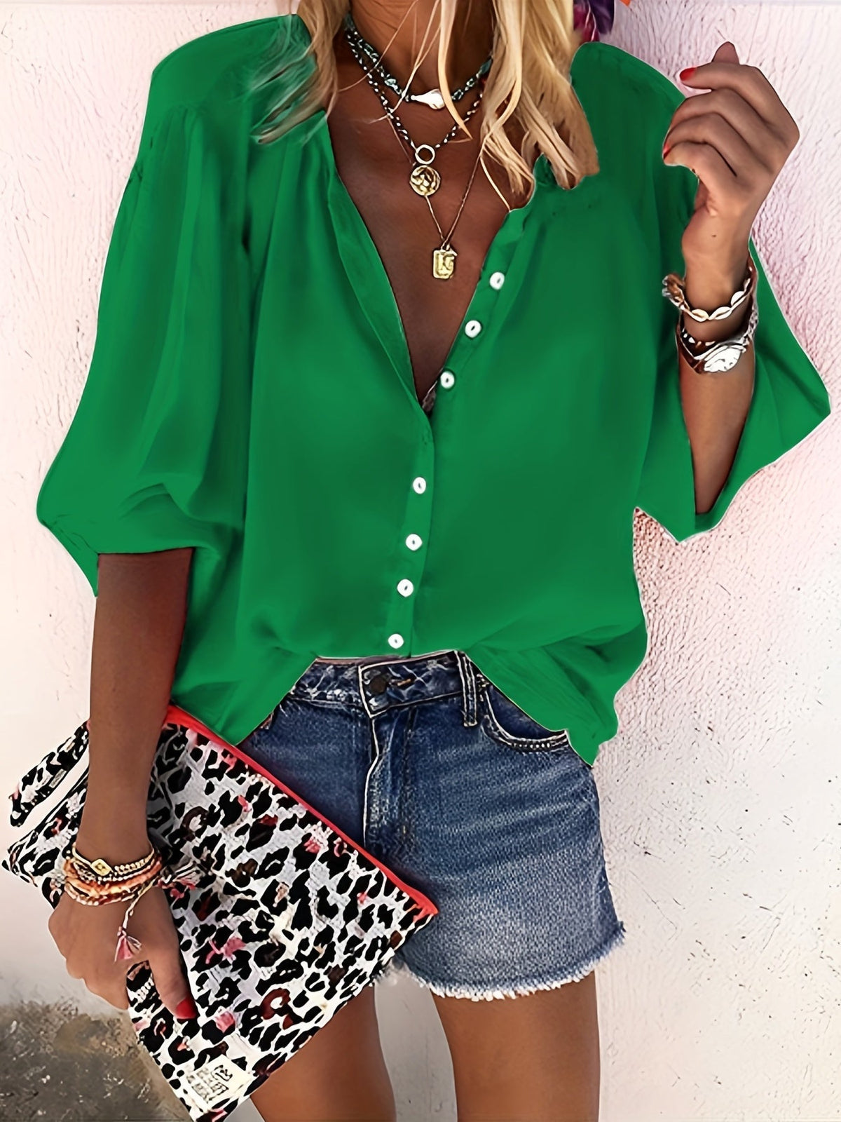 Solid Button Front Blouse, Casual Stand Collar Long Sleeve Blouse