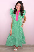 Bright Green Summer Color-Blocked Plaid Pattern Midi Dress
