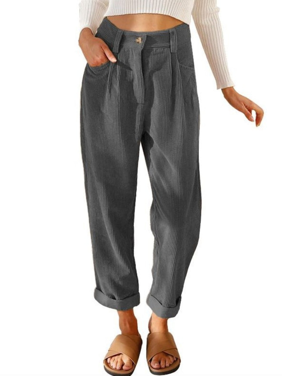 Women's High-Waist Corduroy Pants - Casual Solid Color, Loose Fit Straight Leg with Pockets