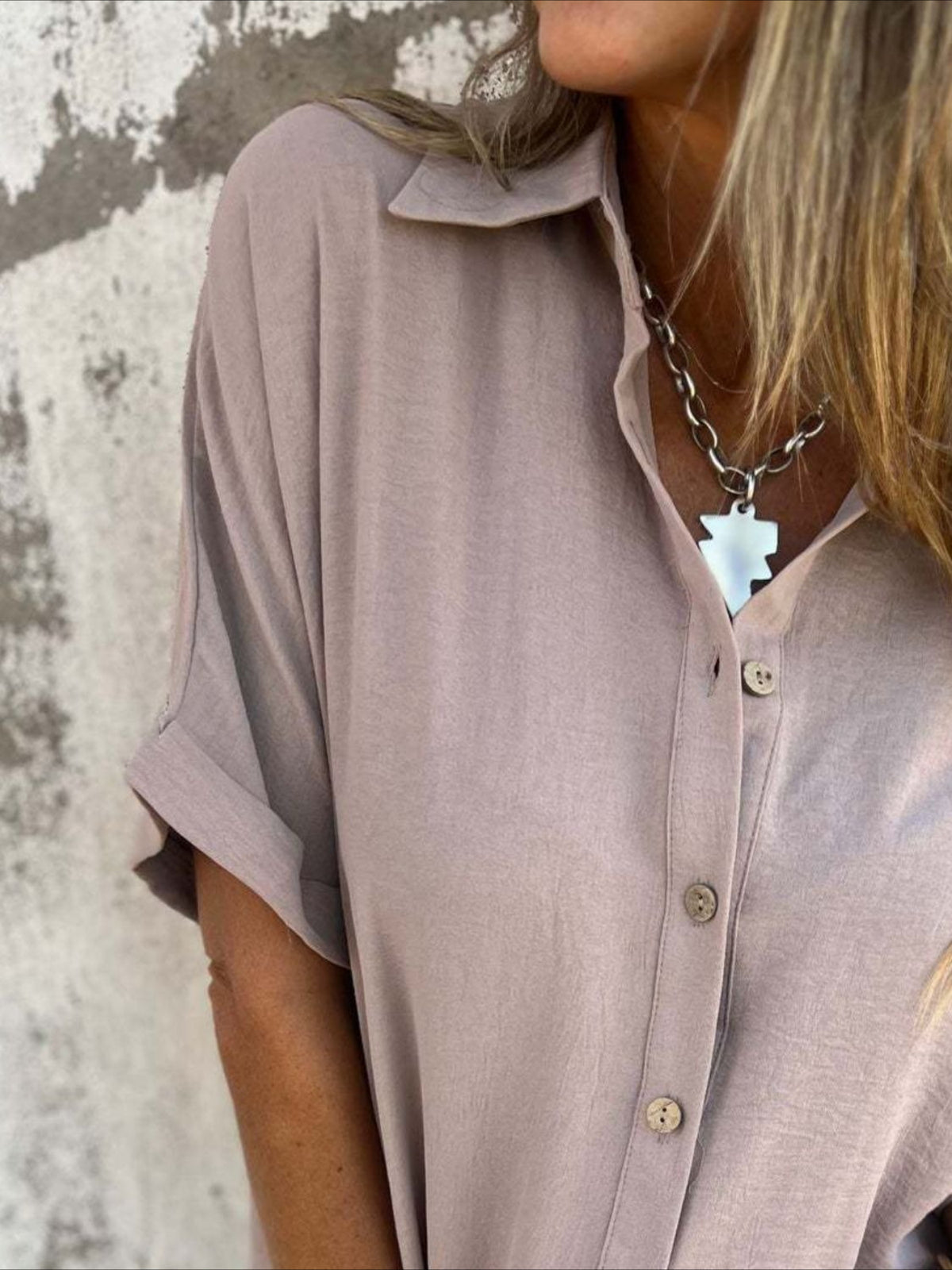 Casual Button Collared Short Sleeve Tunic Tops with Pocket