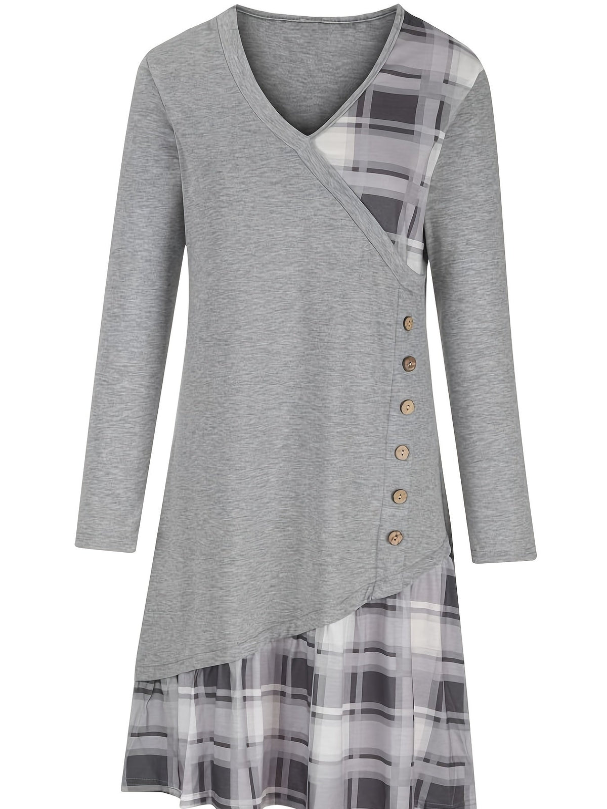 Stylish Plaid Patchwork Dress - Women's Casual Long Sleeve V Neck Ruched Asymmetrical Dresses with Button Detail
