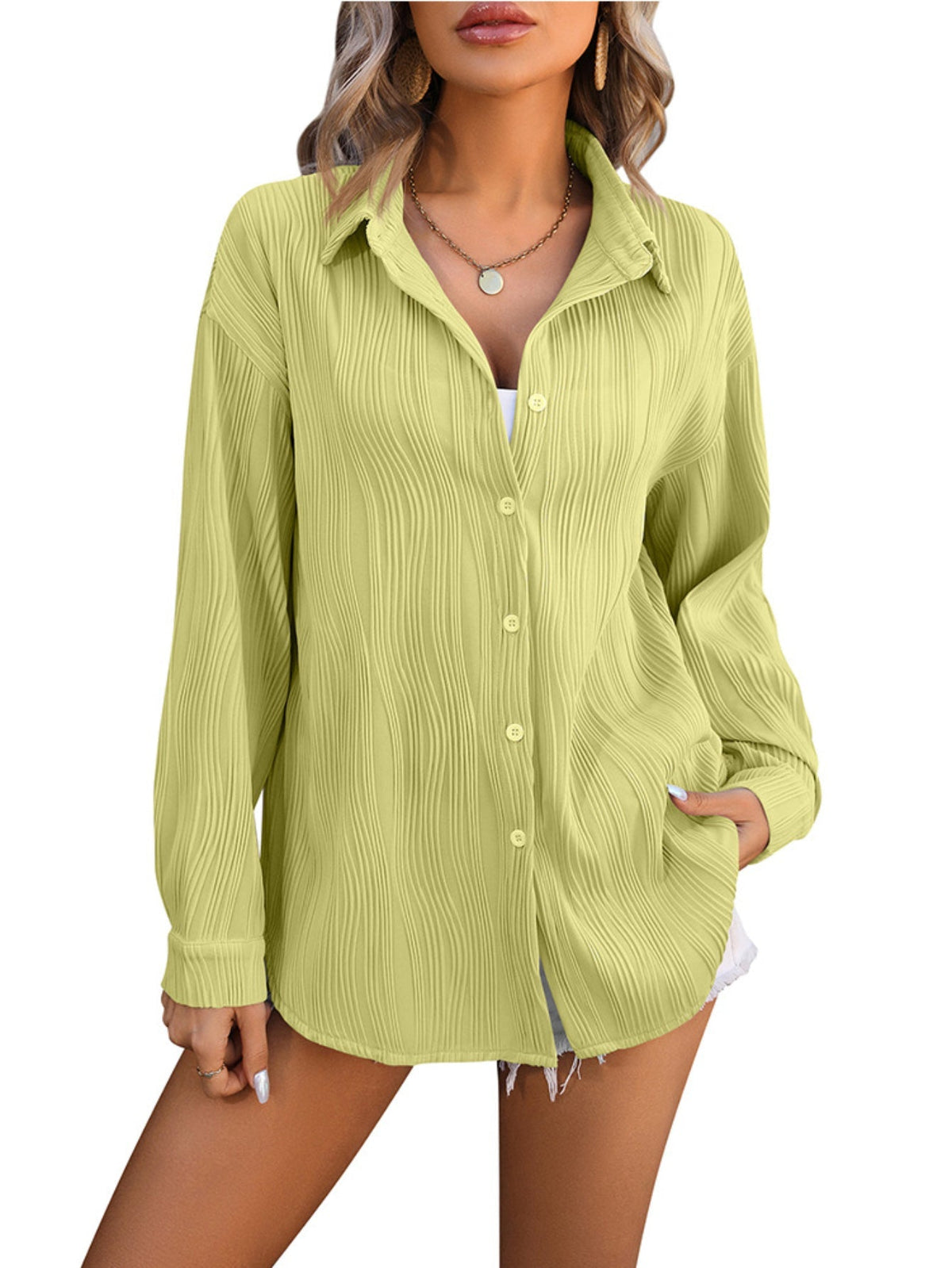 Solid Textured Button Front Shirt, Vintage Long Sleeve Shirt