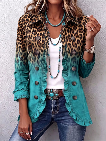 Leopard Pattern Print Long Sleeve Ruffle Edge Open Button Cardigan Coat