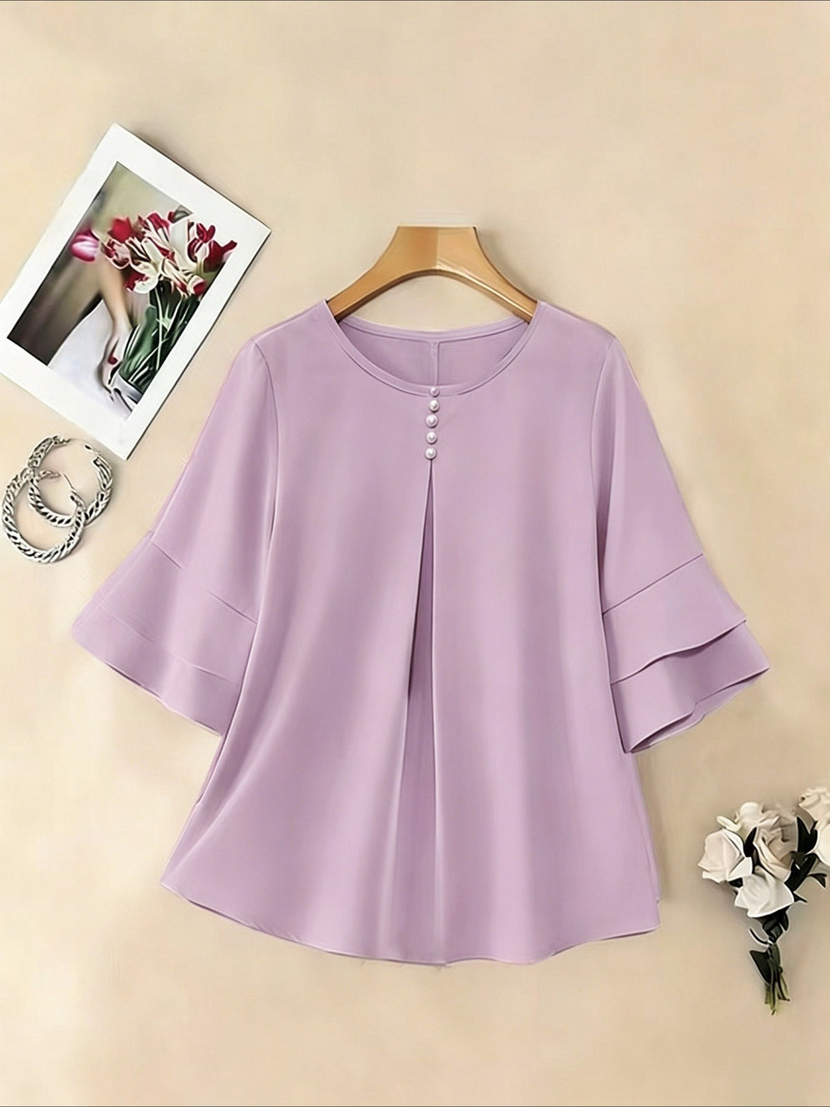 Elegant Fashion Summer Loose Solid Round Neck Button-Up Shirt Flared Sleeve Ruffle Top