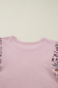 Pink Contrast Floral Patched Flowy Half Sleeve Blouse