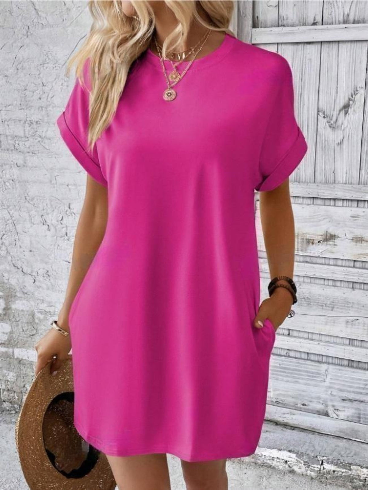 Crew Neck With Pocket Dress, Casual Short Sleeve Dress