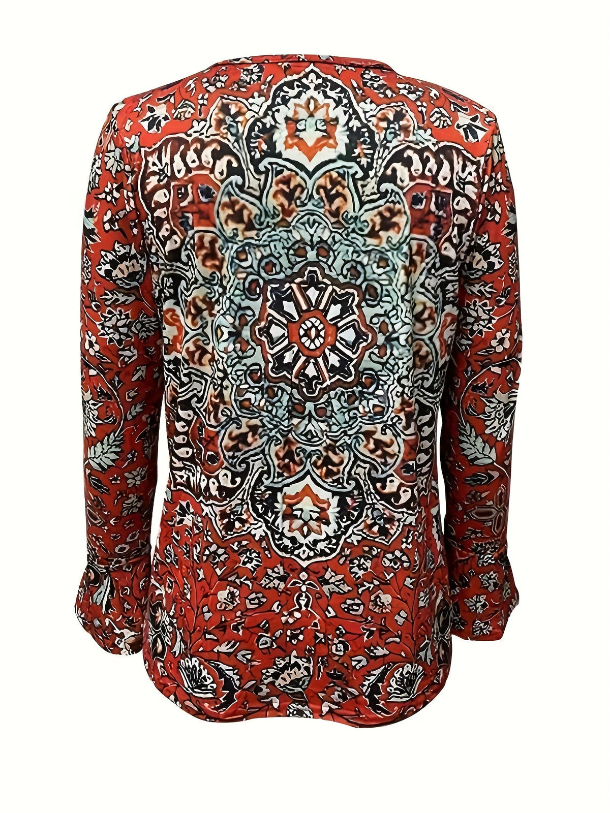 Ethnic Floral Print T-shirt, Vintage Notched Neck Long Sleeve T-shirt