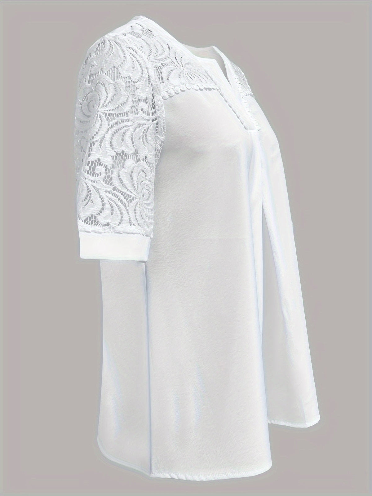 Contrast Lace Notched Neck T-Shirt, Casual Short Sleeve Top