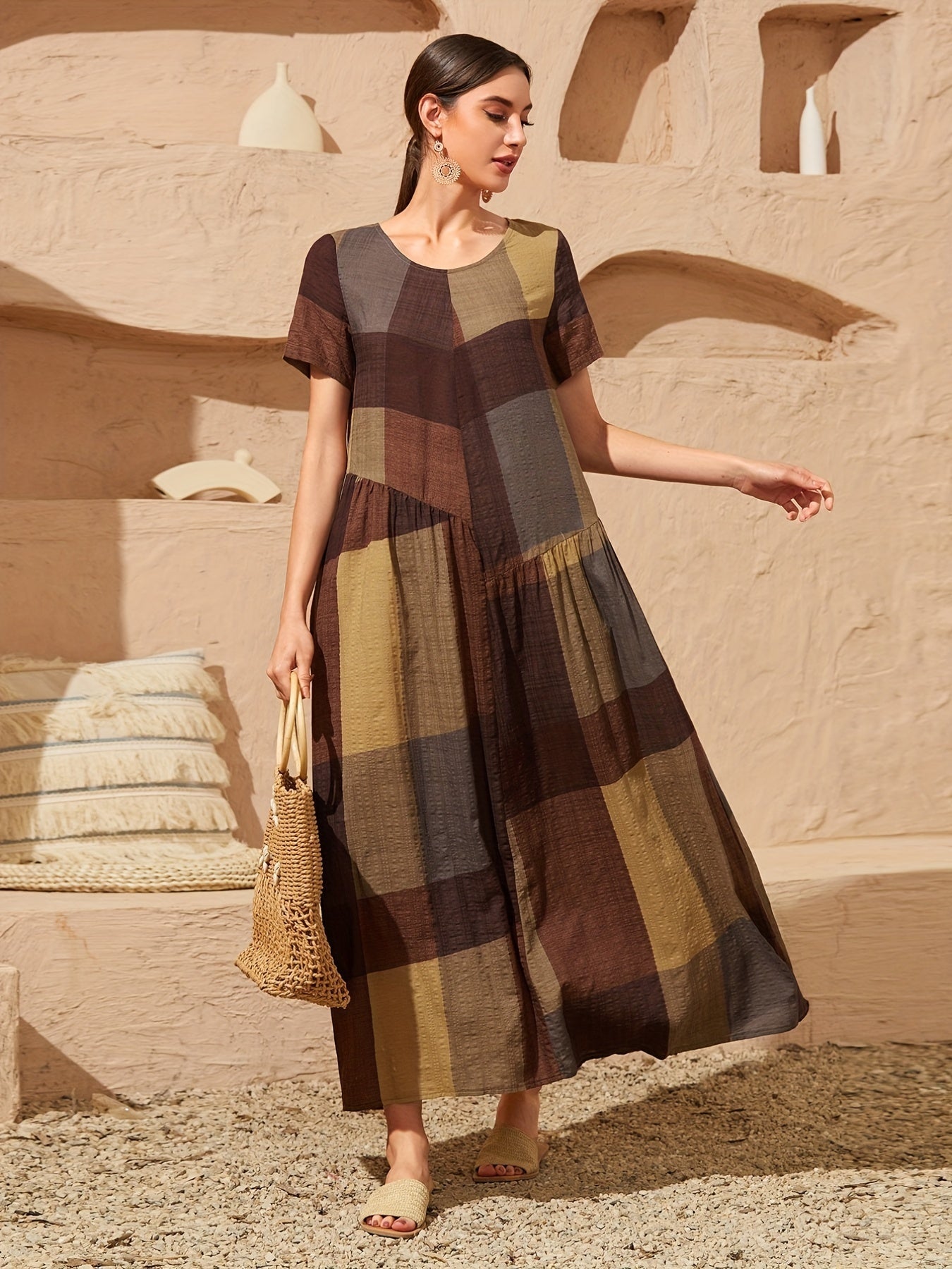 Loose Color Block Dress, Crew Neck Short Sleeve Vacation Dress, Casual Every Day Dress