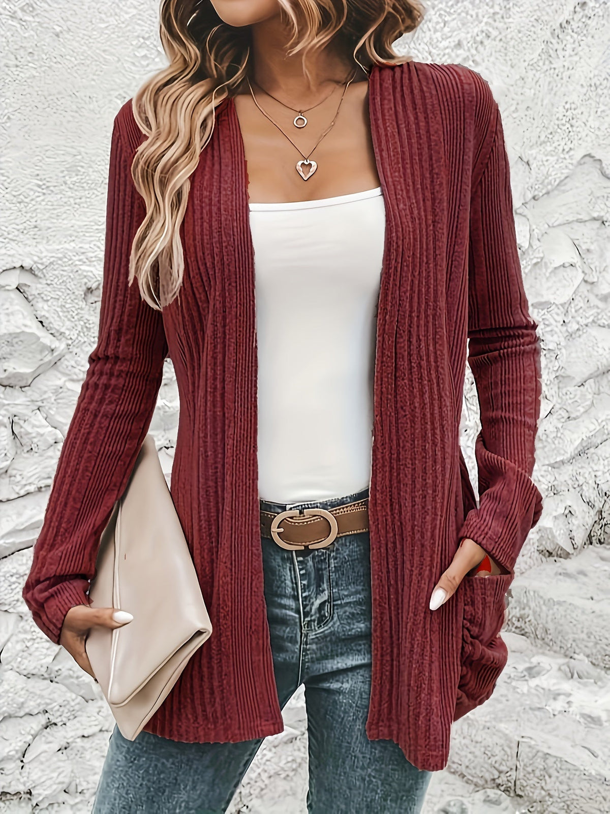 Solid Open Front Rib Knit Cardigan, Casual Long Sleeve Slim Cardigan With Pocket