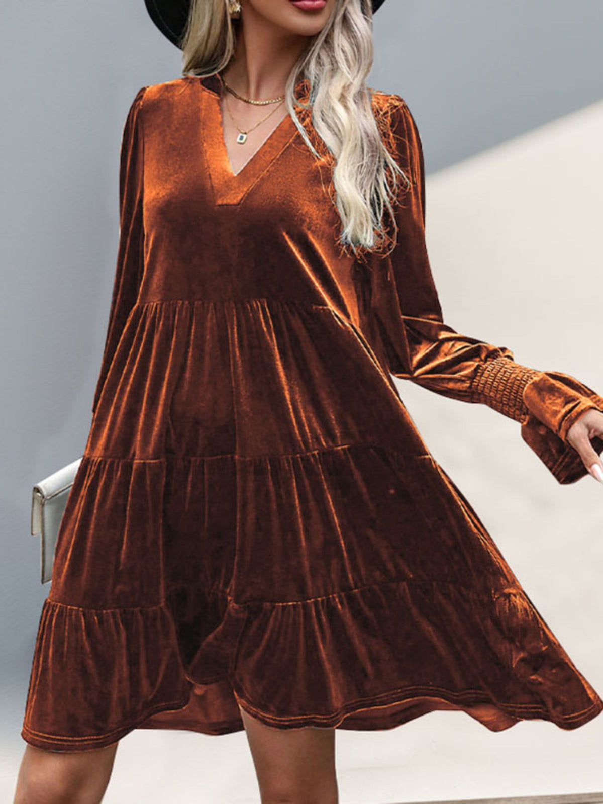Women's Layered Hollow-Out Long Sleeve Dress, Elegant V-Neck, Solid Color, Adult Fashion Dress