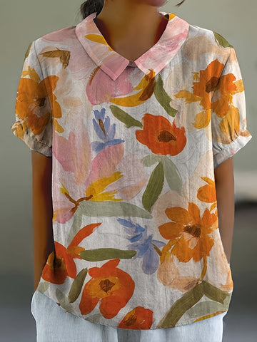 Short Sleeves with Ruffled Detail Non-Sheer Vintage Art Casual  Floral Print Shirt