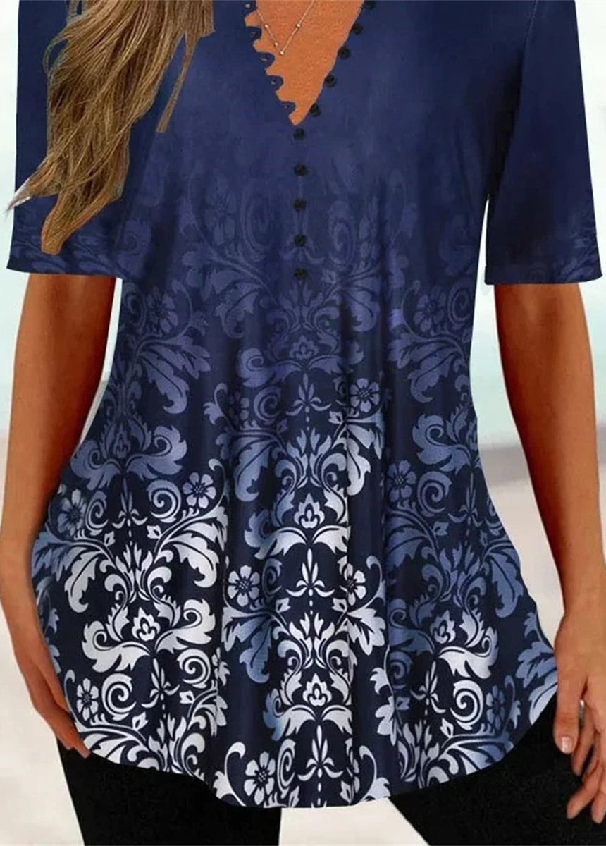 V-neck Button Printed Short-sleeved T-shirt