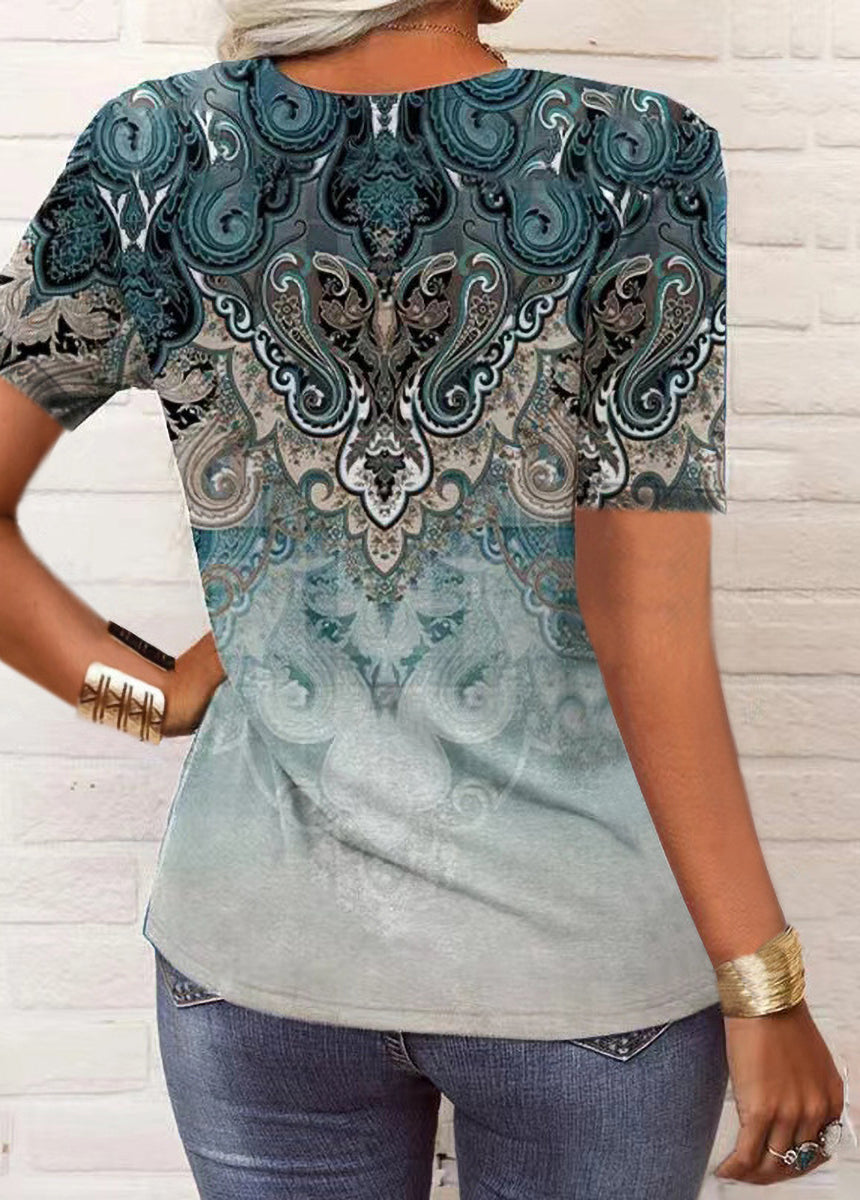 Printed Ethnic Style V-neck Short Sleeve T-shirt