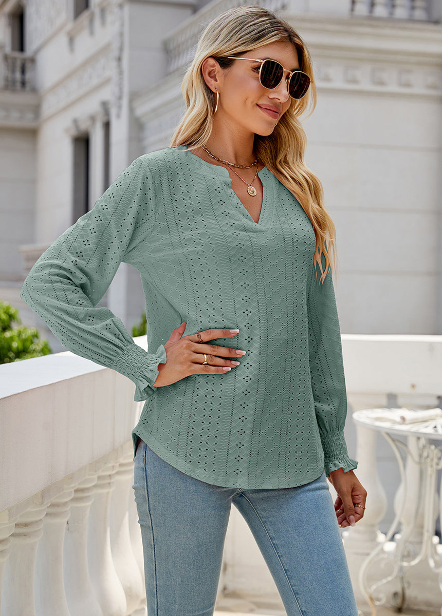 Solid Color Hollow Pleated Ruffle Sleeve V-Neck Loose Long Sleeve Top