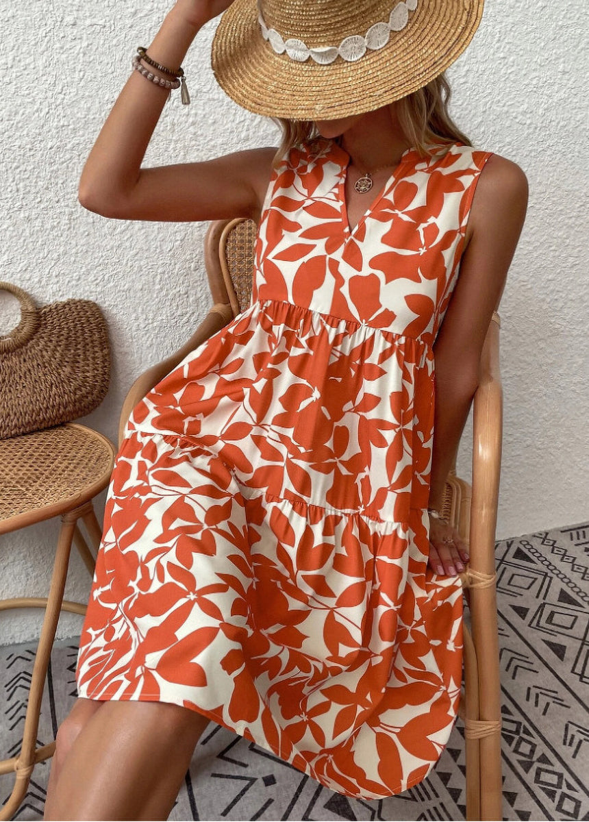 Bohemian V-Neck Pleated Printed Dress