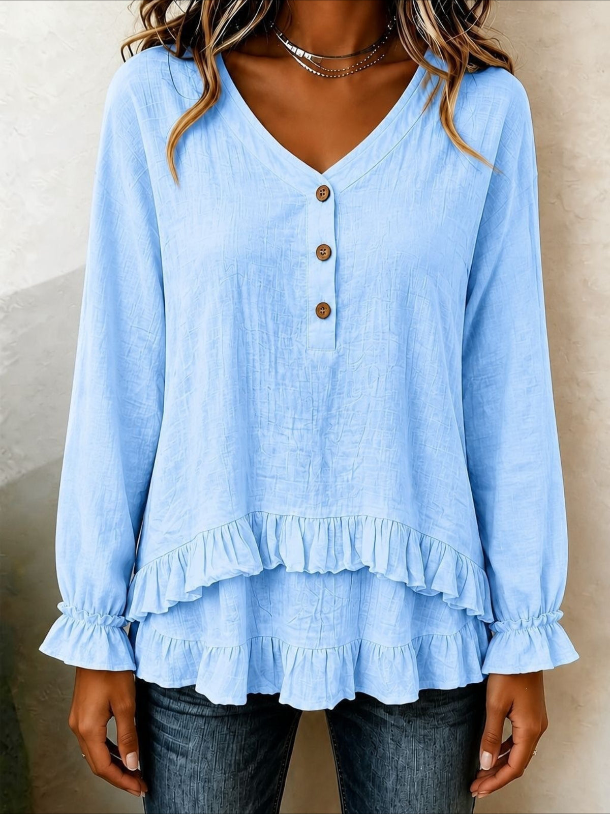 V-Neck Button Detail Long Sleeve Ruffle Hem Blouse