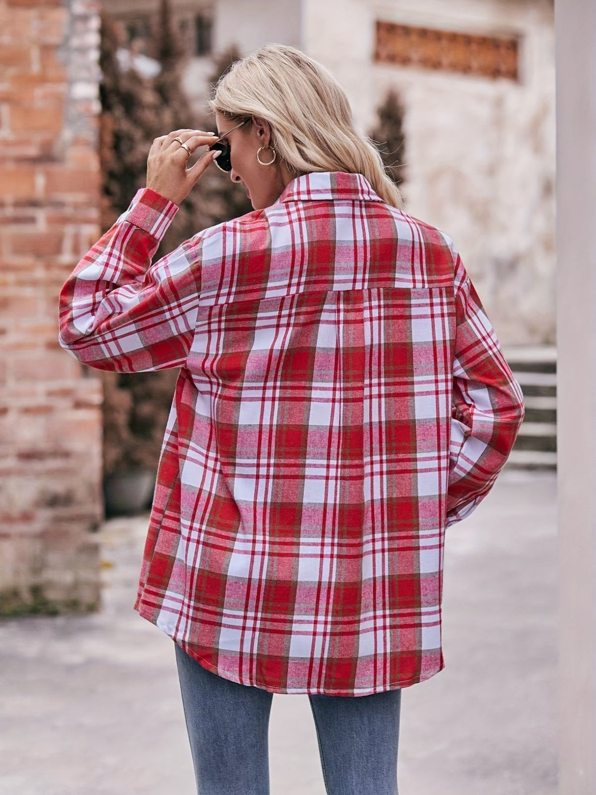 Plaid Print Polo Collar Button Shirt, Casual Long Sleeve Shirt