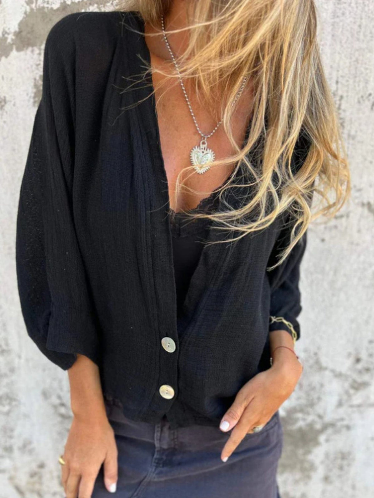 Casual Loose V Neck Buckle Blouse
