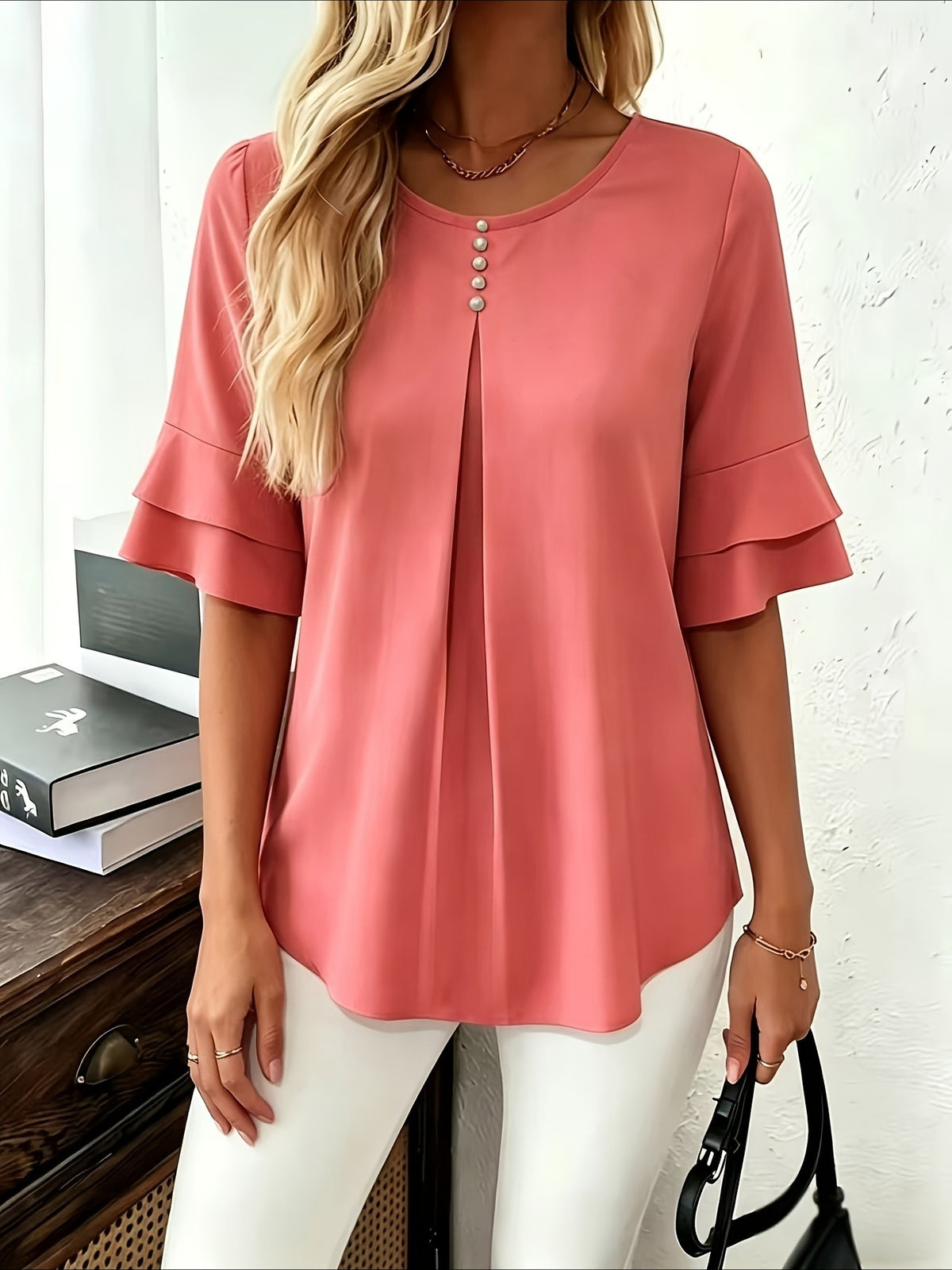 Elegant Fashion Summer Loose Solid Round Neck Button-Up Shirt Flared Sleeve Ruffle Top