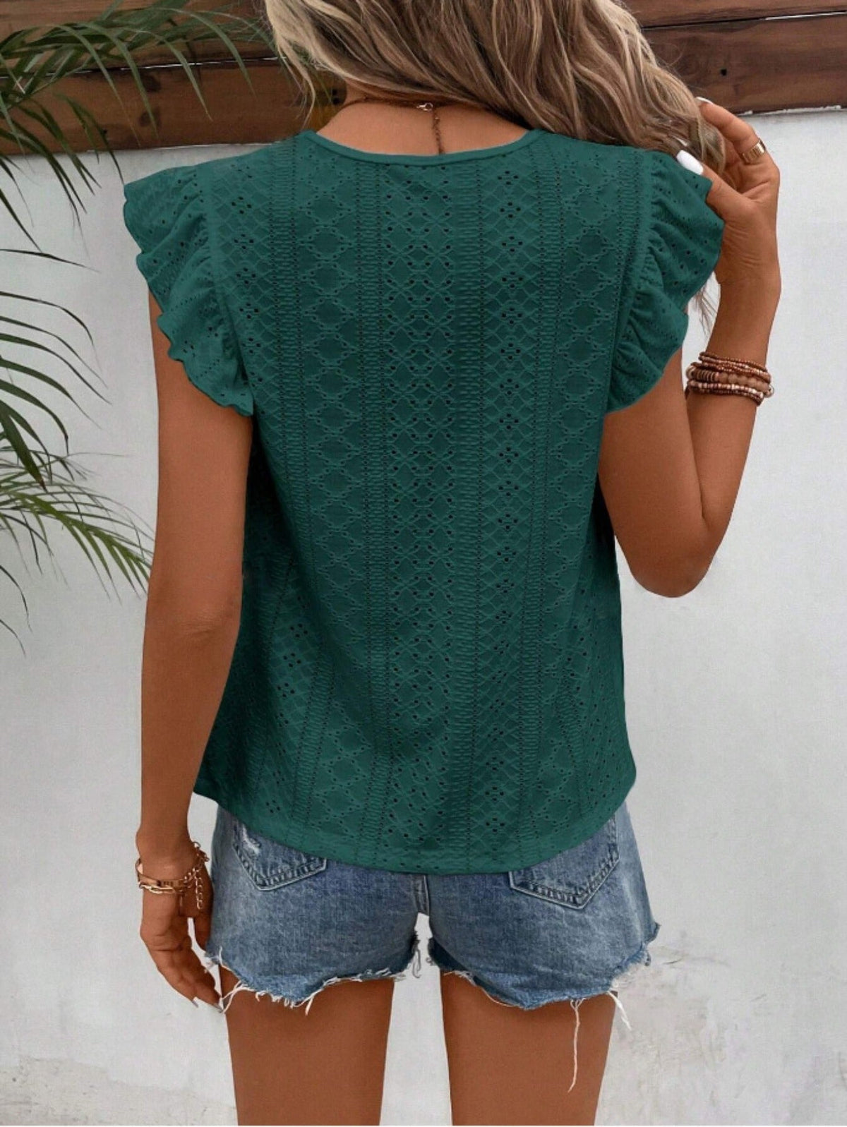 Solid Eyelet Ruffle Trim T-Shirt, Vintage Crew Neck T-Shirt