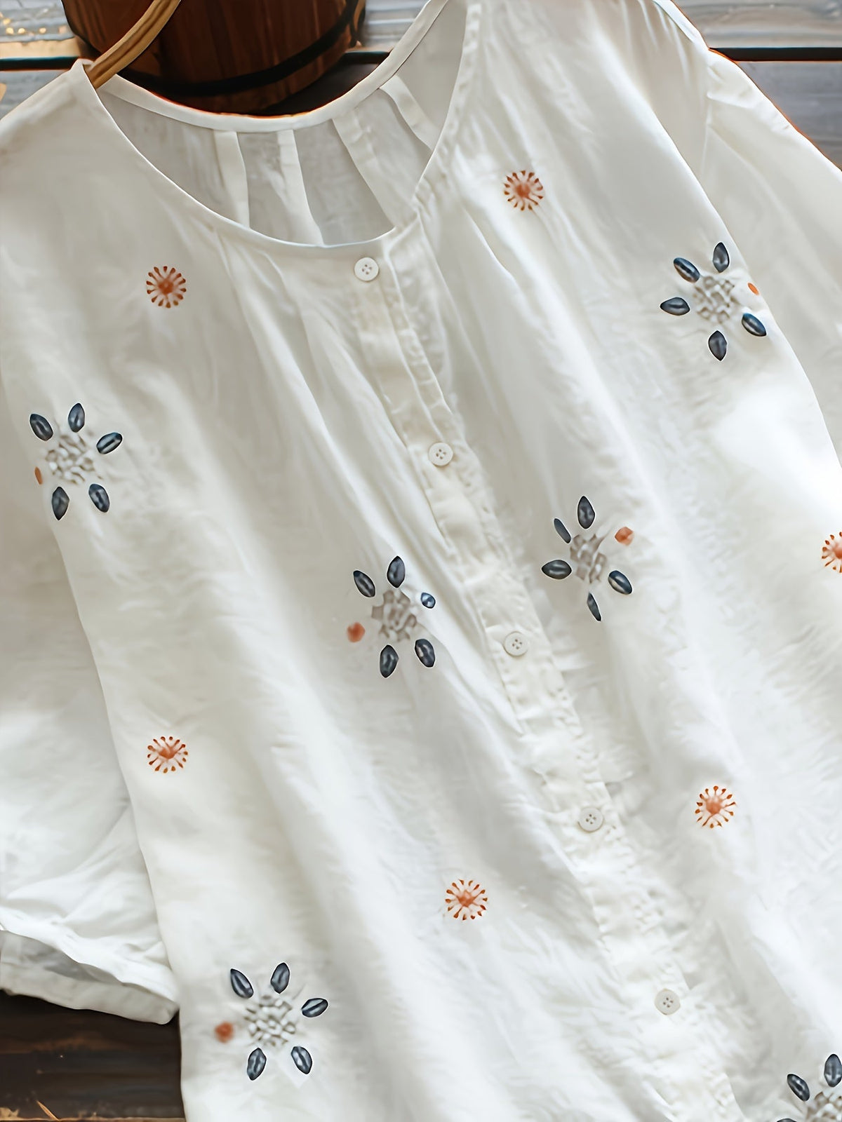 Floral Embroidered Button Front Blouse, Casual Short Sleeve Blouse