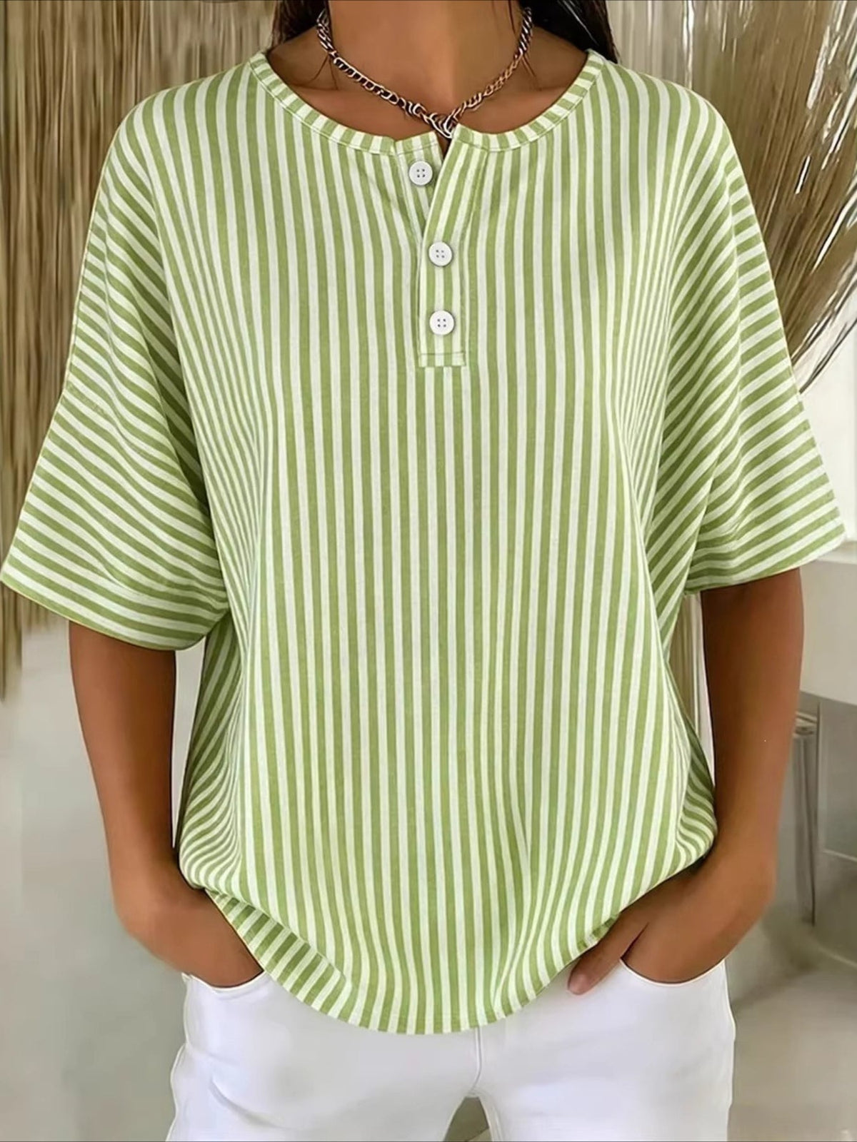 Botton Short Sleeve Loose Striped Vintage Shirt