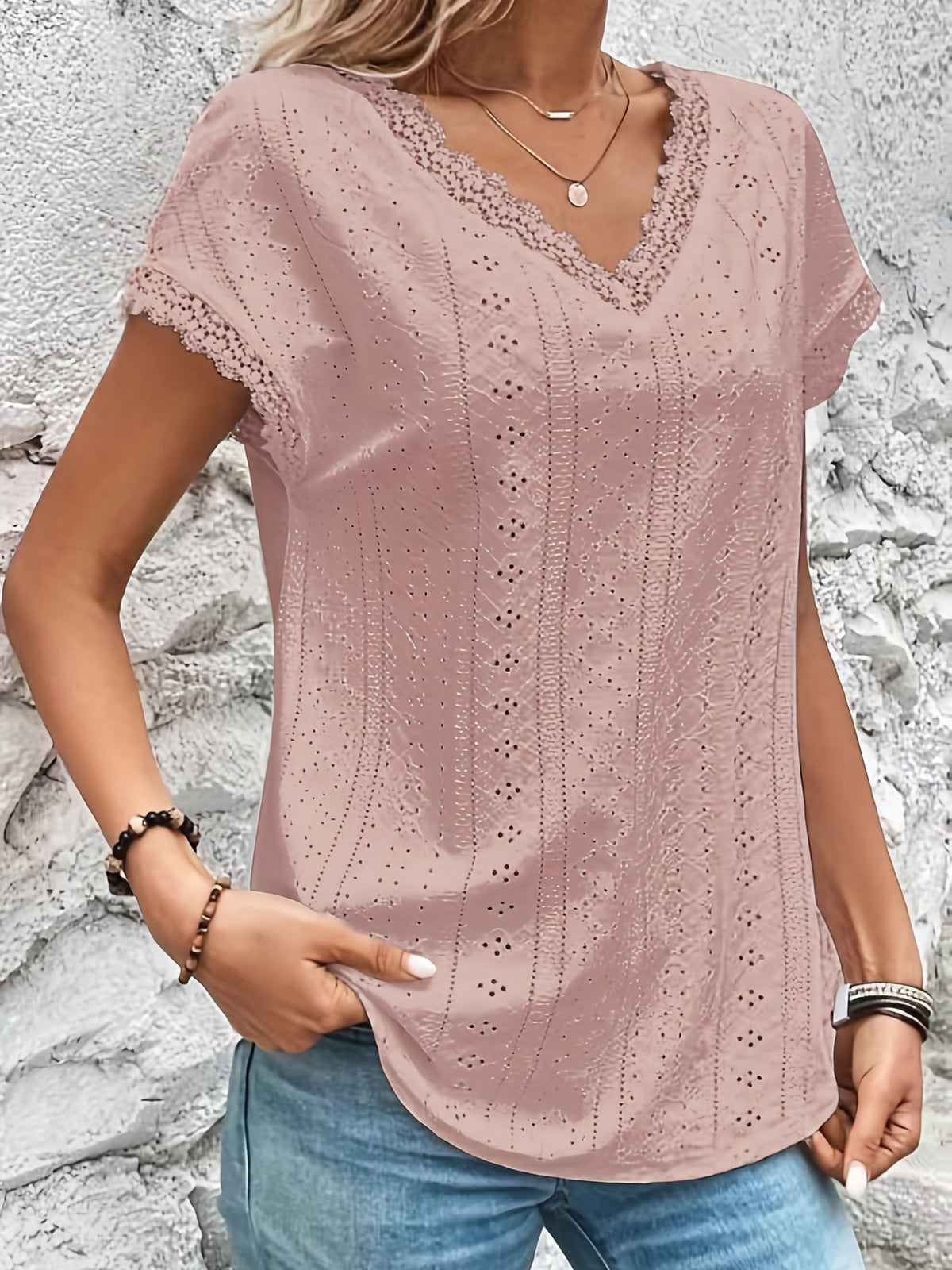 Elegant T-shirt, Women's Eyelet Embroidery Contrast Lace Trim V Neck Short Sleeve Slight Stretch T-shirt