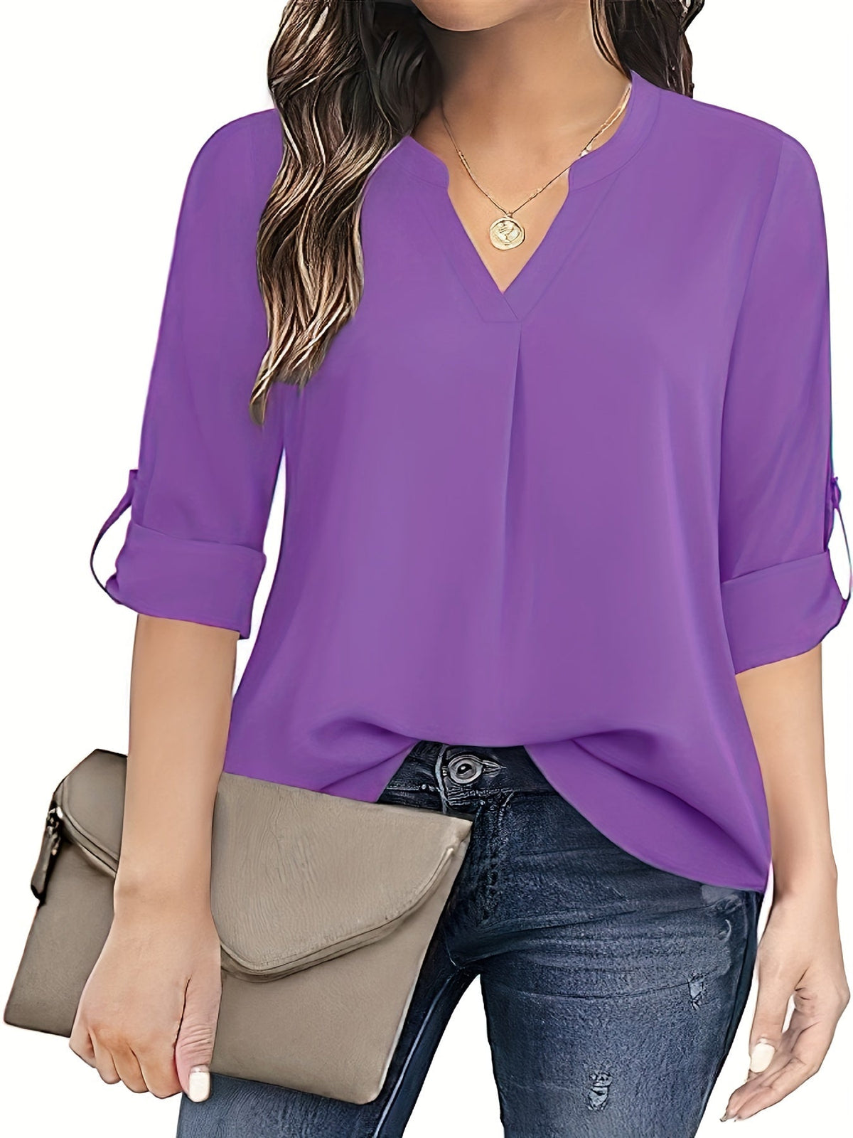 Solid Simple Blouse, Casual V Neck Long Sleeve Blouse