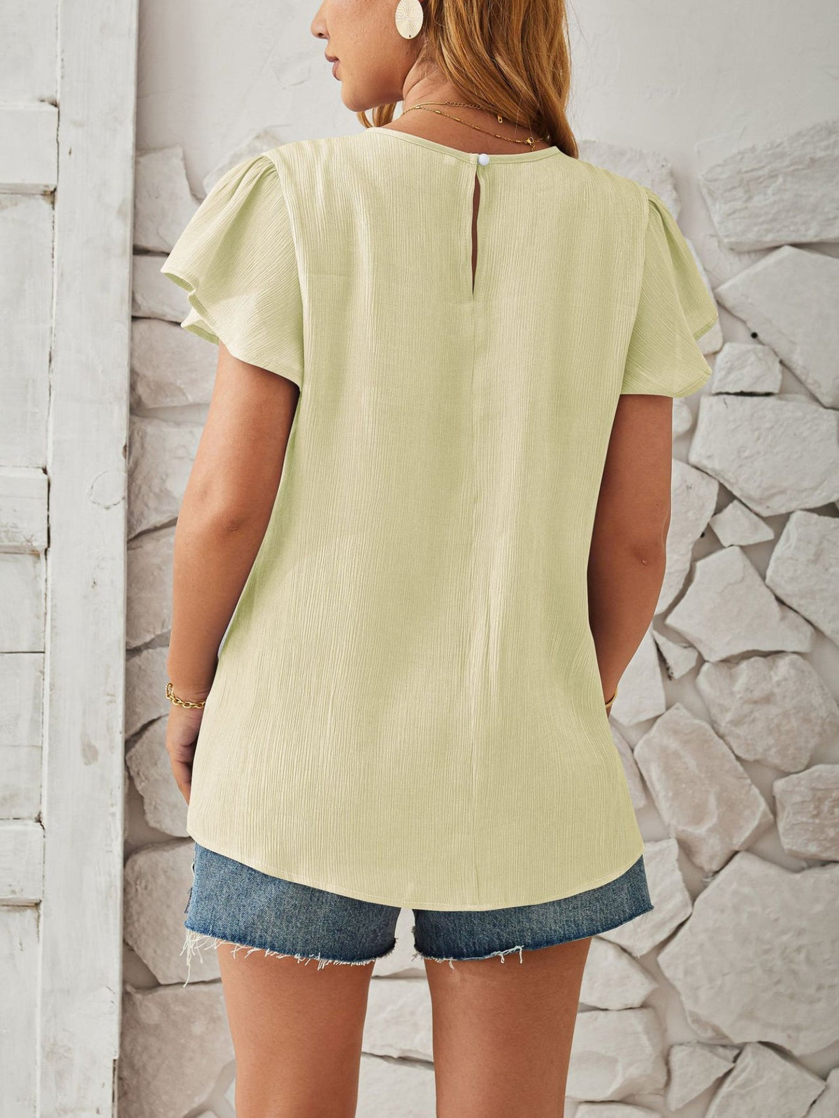 Solid Crew Neck Ruffle Trim Blouse, Casual Textured Simple Blouse