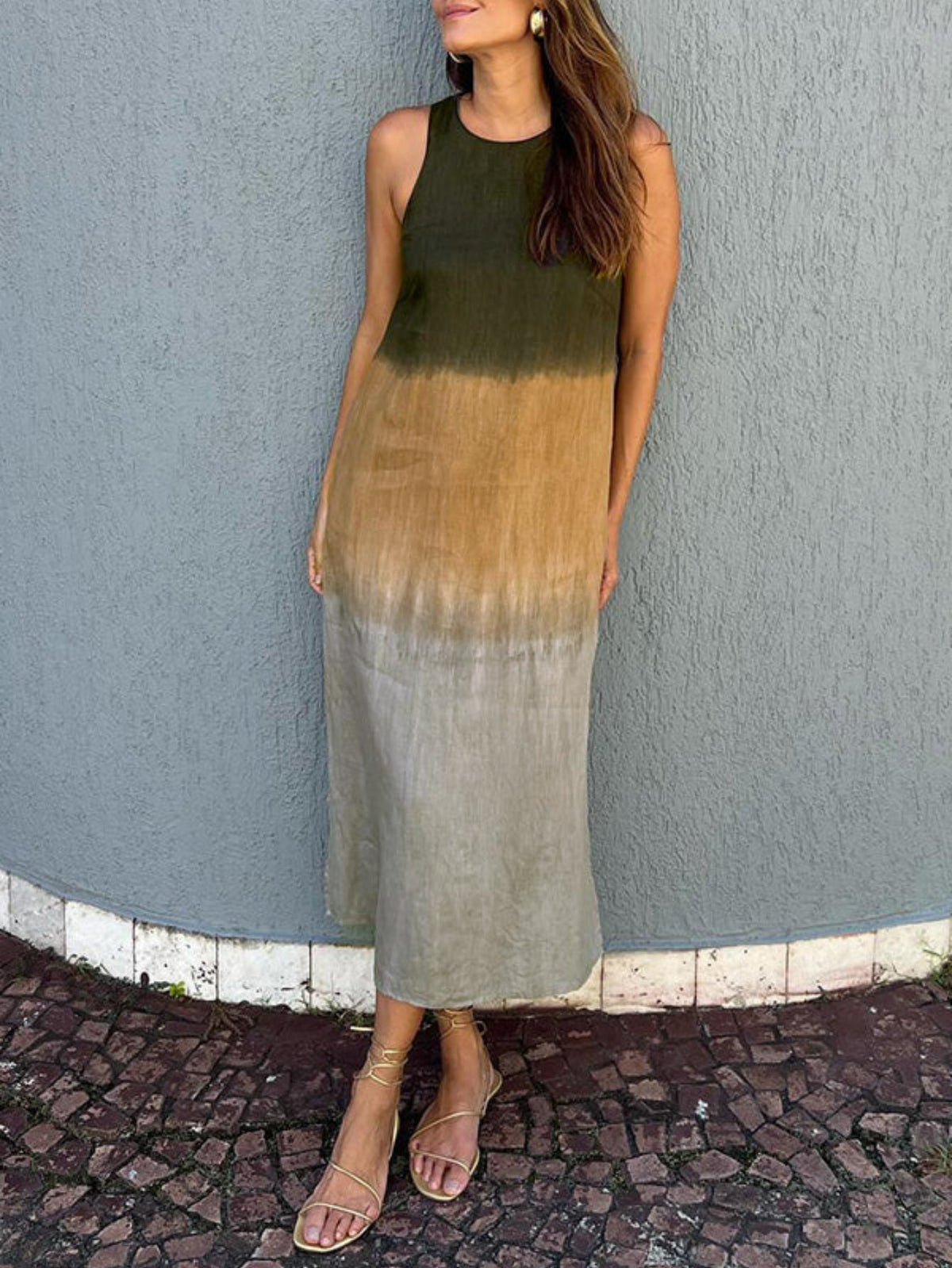 Casual Cotton Linen Sleeveless Side Slit Gradient Color Dress